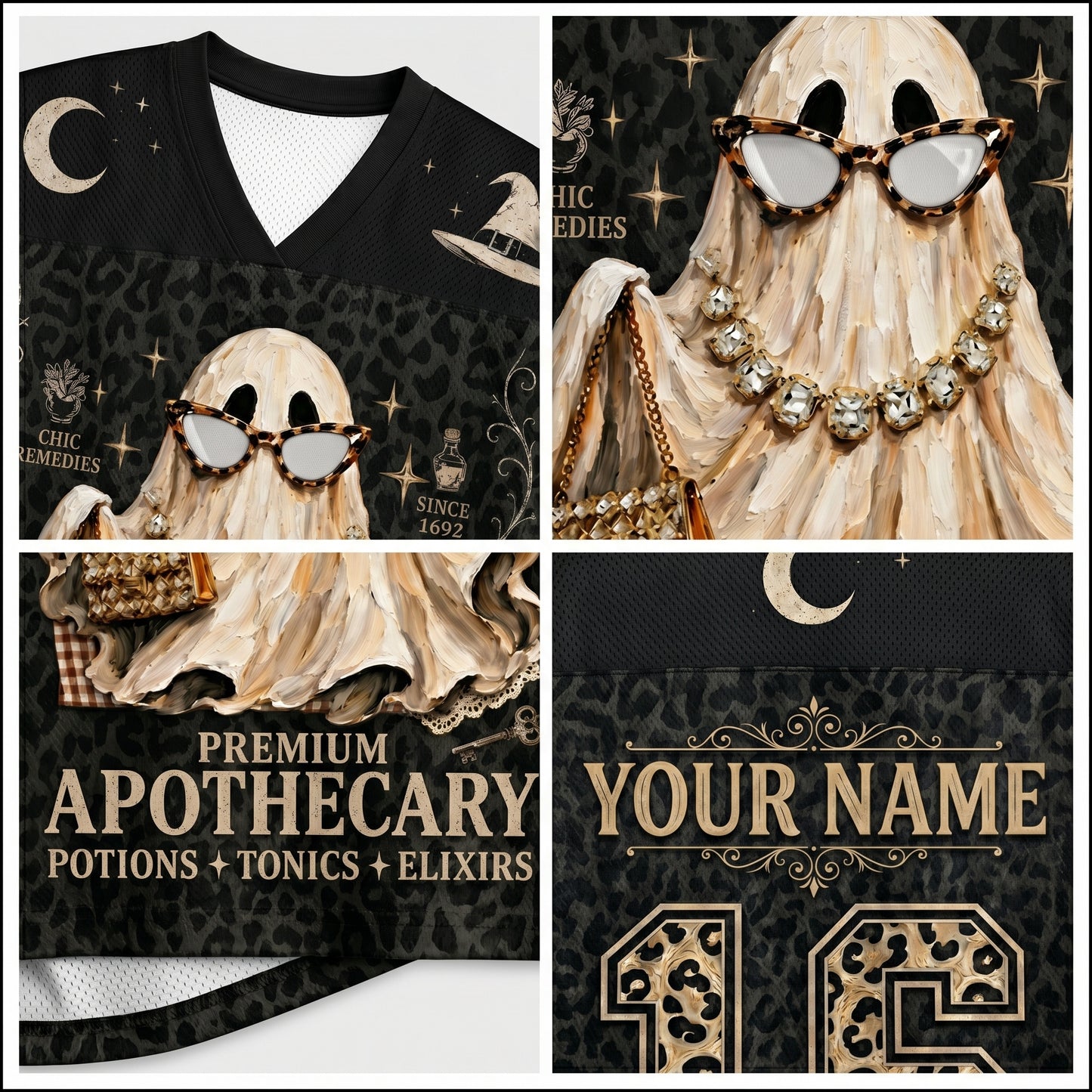 Close up view collage of ChaoticClub ghost leopard jersey highlighting the premium stitching, V-neck, and high quality back print details.