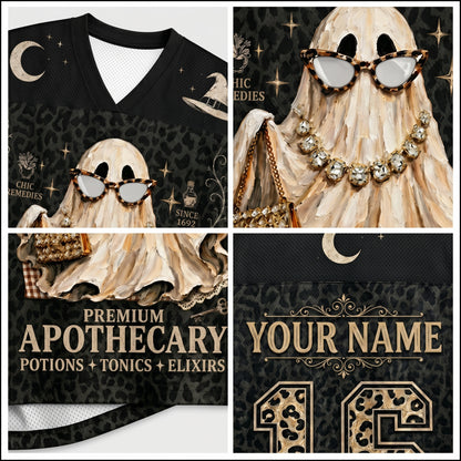 Close up view collage of ChaoticClub ghost leopard jersey highlighting the premium stitching, V-neck, and high quality back print details.