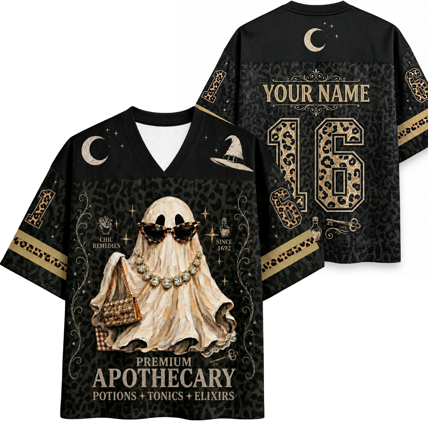ChaoticClub Preppy Ghost Black Leopard Halloween Mesh Jersey front and back view featuring glam ghost graphic, dark leopard print, and custom name text.
