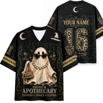 ChaoticClub Preppy Ghost Black Leopard Halloween Mesh Jersey front and back view featuring glam ghost graphic, dark leopard print, and custom name text.