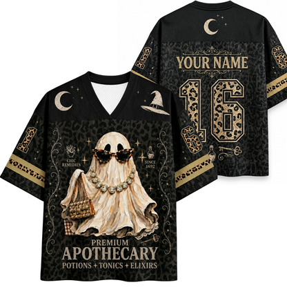ChaoticClub Preppy Ghost Black Leopard Halloween Mesh Jersey front and back view featuring glam ghost graphic, dark leopard print, and custom name text.