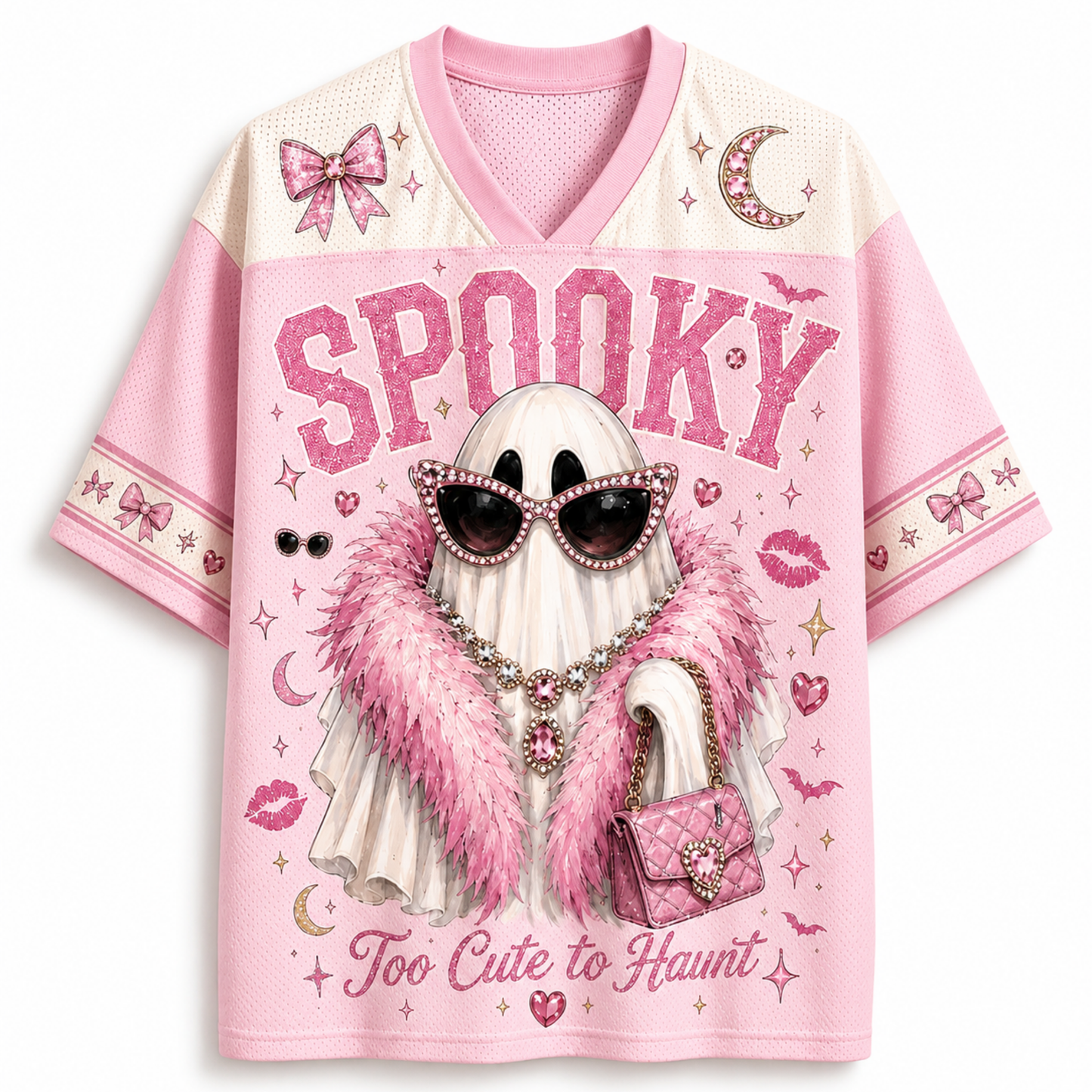 ChaoticClub pink glam ghost mesh jersey front view showing a V-neck collar, pink bow print, and a glam ghost graphic with "Too Cute to Haunt" text.