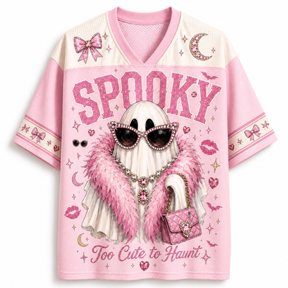 ChaoticClub pink glam ghost mesh jersey front view showing a V-neck collar, pink bow print, and a glam ghost graphic with "Too Cute to Haunt" text.