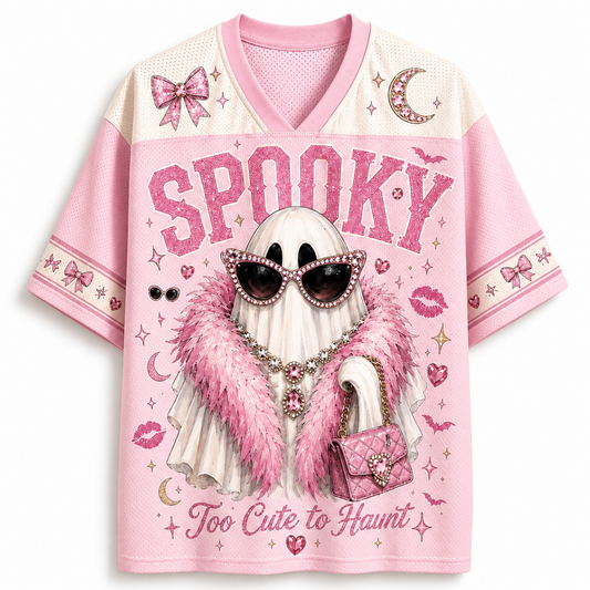 ChaoticClub pink glam ghost mesh jersey front view showing a V-neck collar, pink bow print, and a glam ghost graphic with "Too Cute to Haunt" text.