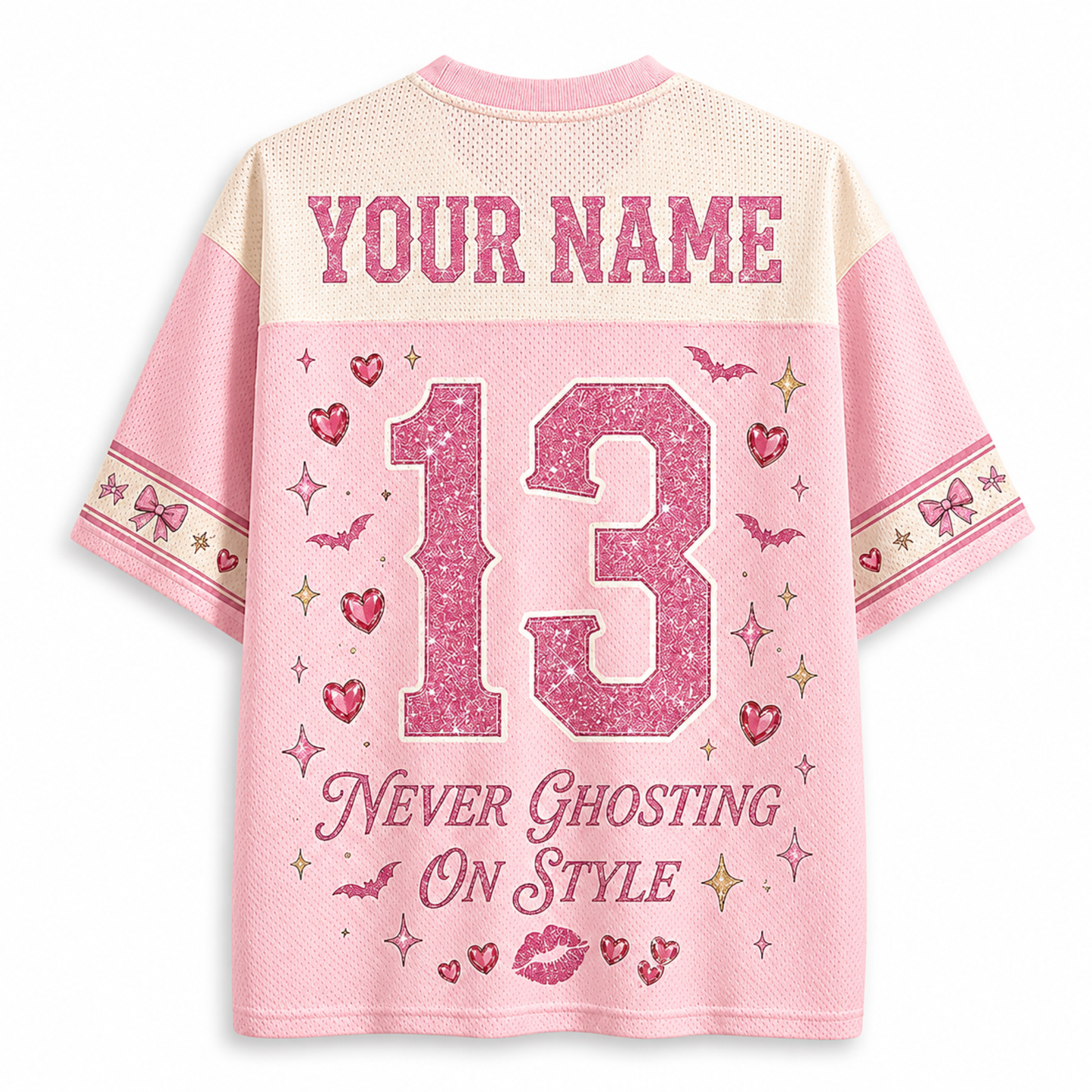ChaoticClub pink glam ghost mesh jersey front view showing a V-neck collar, pink bow print, and a glam ghost graphic with "Too Cute to Haunt" text.