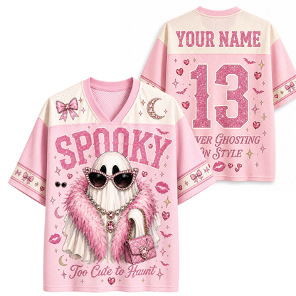 ChaoticClub Preppy Glam Ghost Pink Leopard Halloween Mesh Jersey front and back view featuring a boujee ghost, glitter SPOOKY text, and custom name 13.