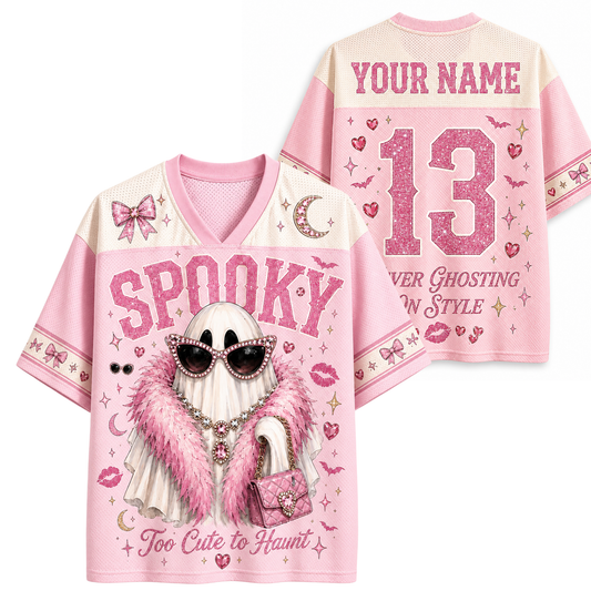 ChaoticClub Preppy Glam Ghost Pink Leopard Halloween Mesh Jersey front and back view featuring a boujee ghost, glitter SPOOKY text, and custom name 13.