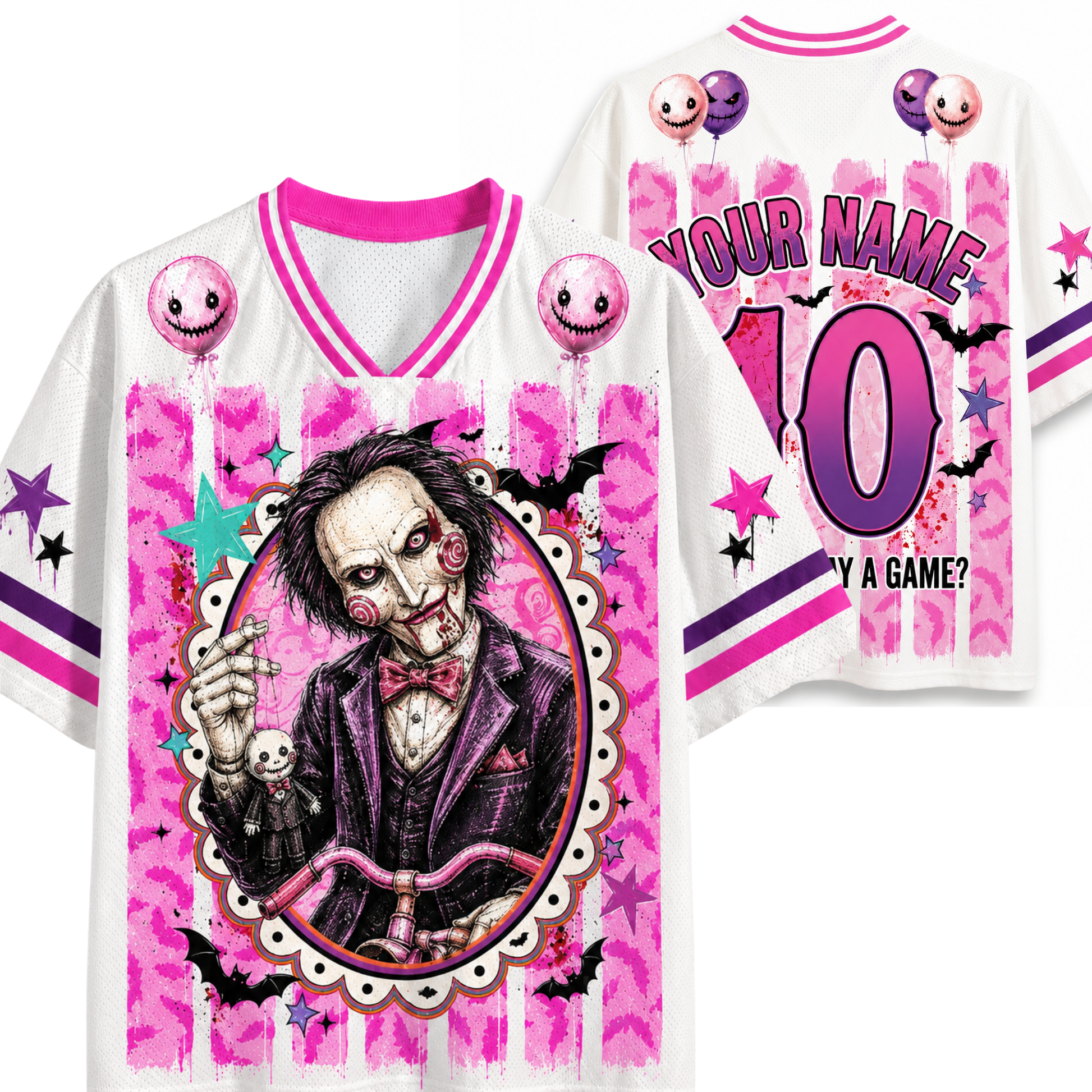 A white mesh athletic-style jersey shown from the front and back, featuring a horror-themed graphic print. The front displays a central oval portrait of a creepy clown-like character in a purple suit, surrounded by pink splatter patterns, purple stars, black bats, and small pink balloon faces.