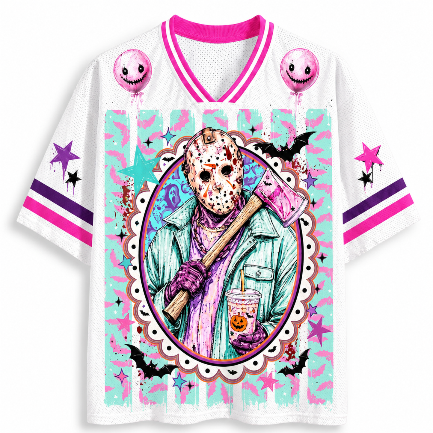 A white short-sleeve athletic-style jersey shirt with bright pink and purple trim, featuring a large colorful Halloween-themed graphic on the front. The design includes a masked figure holding an axe inside an oval frame, pink balloons, stars, bats, and a dripping paint effect on a white background.