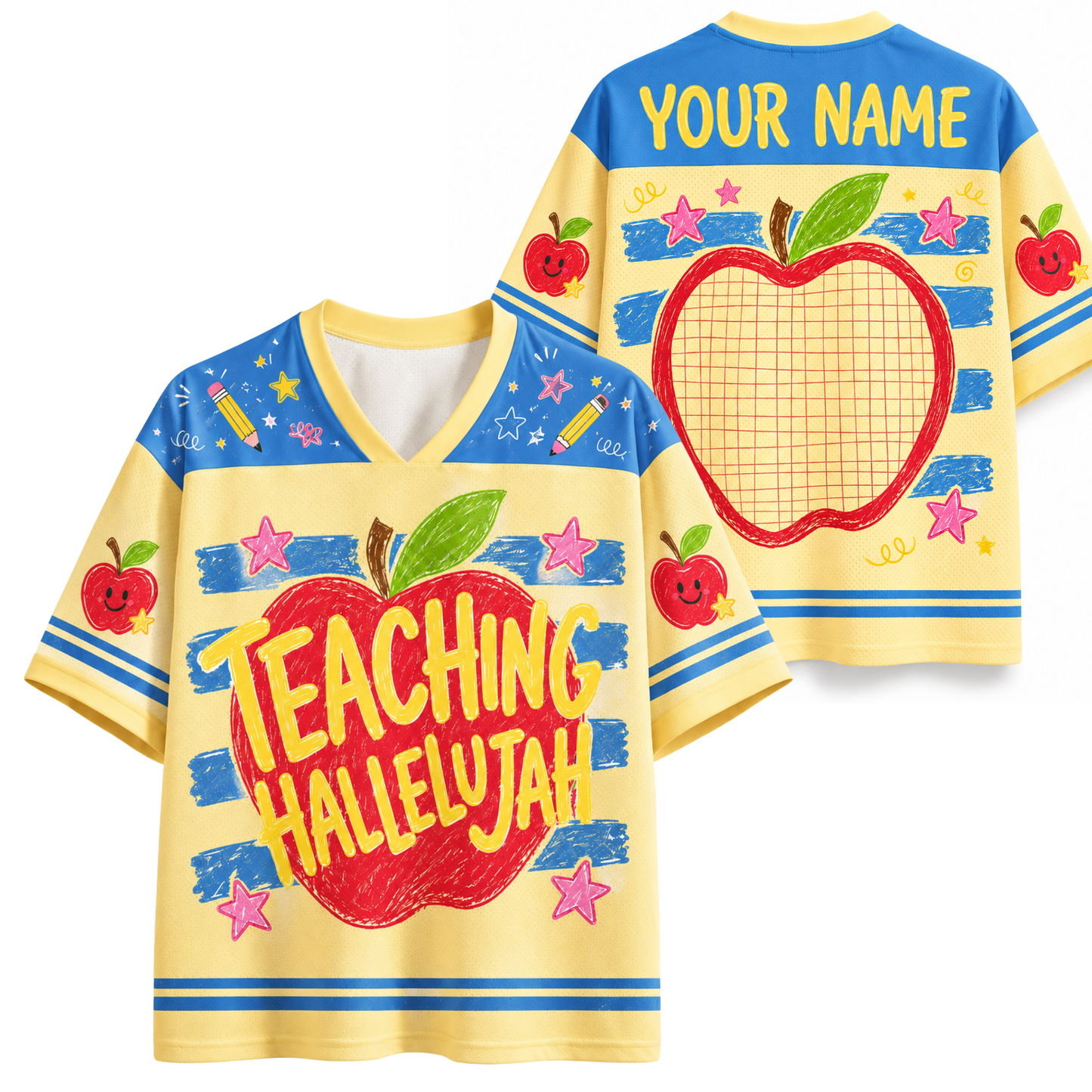 ChaoticClub Preppy Teaching Hallelujah Mesh Jersey front and back view featuring a large red apple graphic, yellow and blue horizontal stripes, and custom name text.