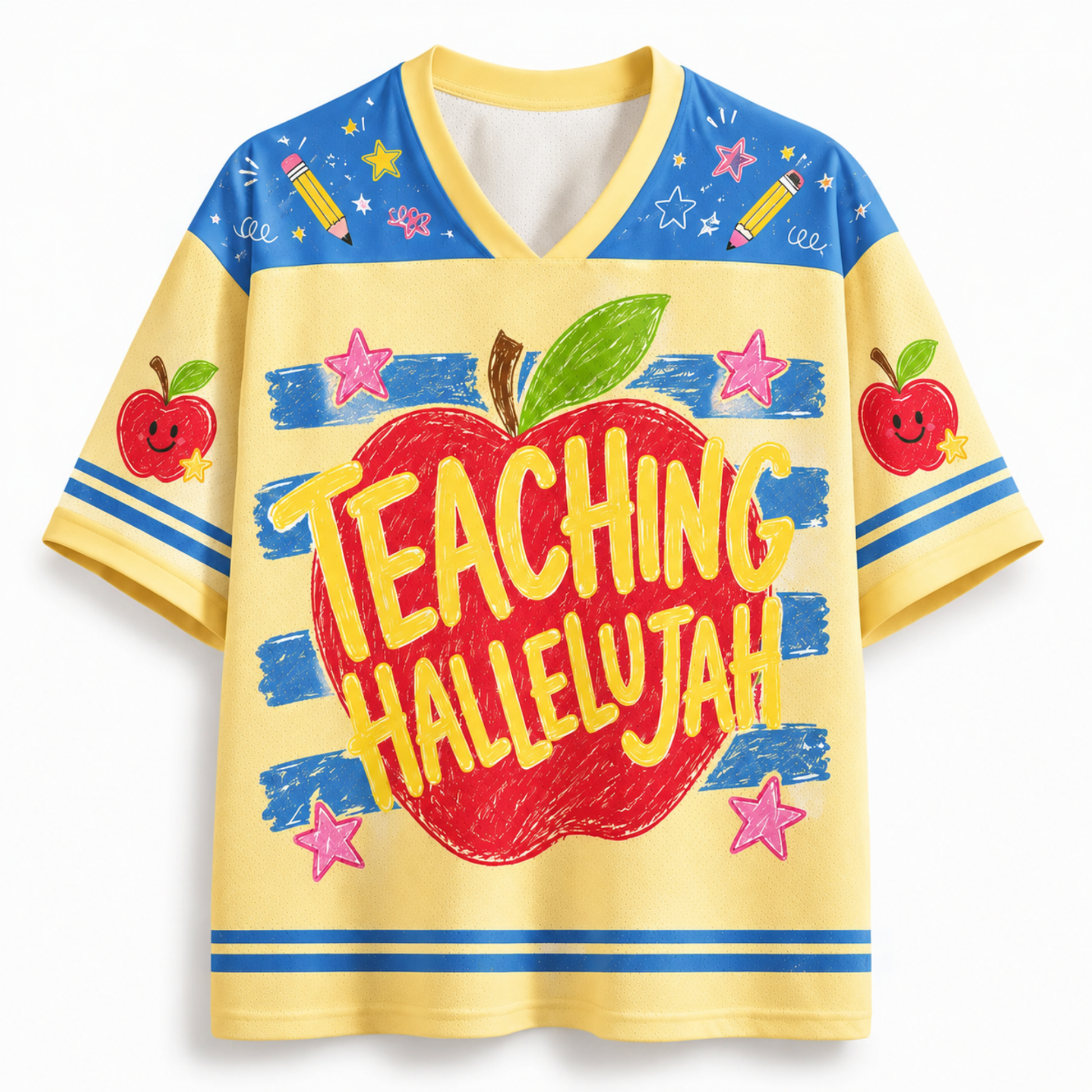 Colorful shirt with 'Teaching Hallelujah' design on a white background