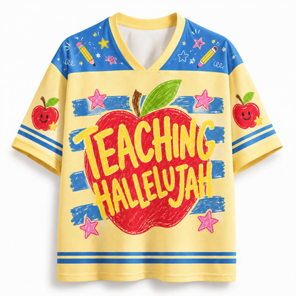 Colorful shirt with 'Teaching Hallelujah' design on a white background