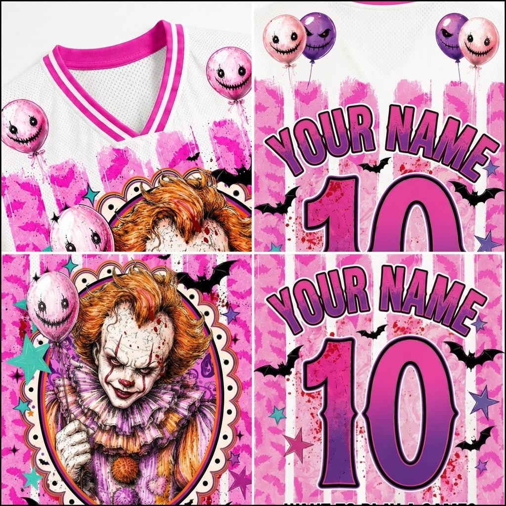 A 2x2 grid showing a custom white and pink horror-themed jersey design. The front view features a pink V-neck collar, pink splatter accents, and a graphic of Pennywise the clown surrounded by creepy smiling balloons.