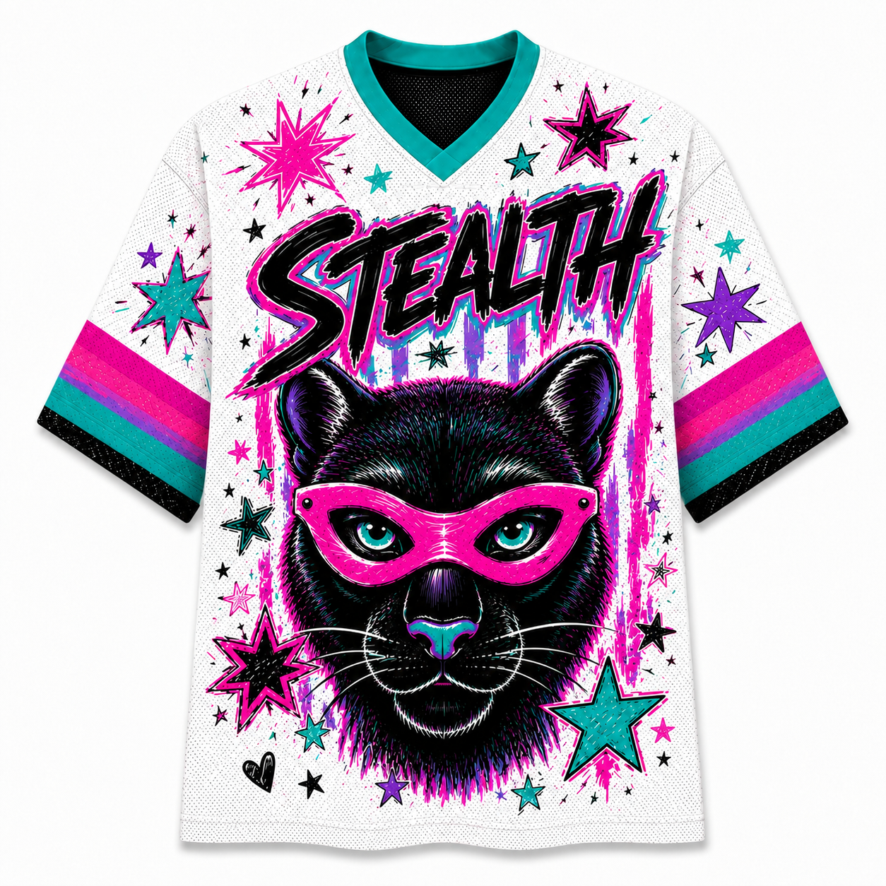 A white short-sleeve jersey-style shirt with a colorful graphic print featuring a black panther wearing pink goggles, the word 'STEALTH' across the chest, and pink, teal, and black striped sleeve accents.