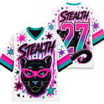 White short-sleeve athletic-style jersey shown from front and back, featuring a black panther graphic with pink goggles, the word 'STEALTH', the number 27, and bright pink, teal, and black graphic accents.