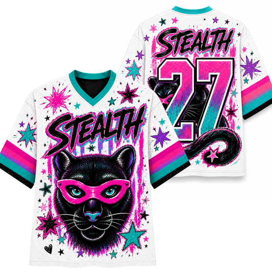 White short-sleeve athletic-style jersey shown from front and back, featuring a black panther graphic with pink goggles, the word 'STEALTH', the number 27, and bright pink, teal, and black graphic accents.
