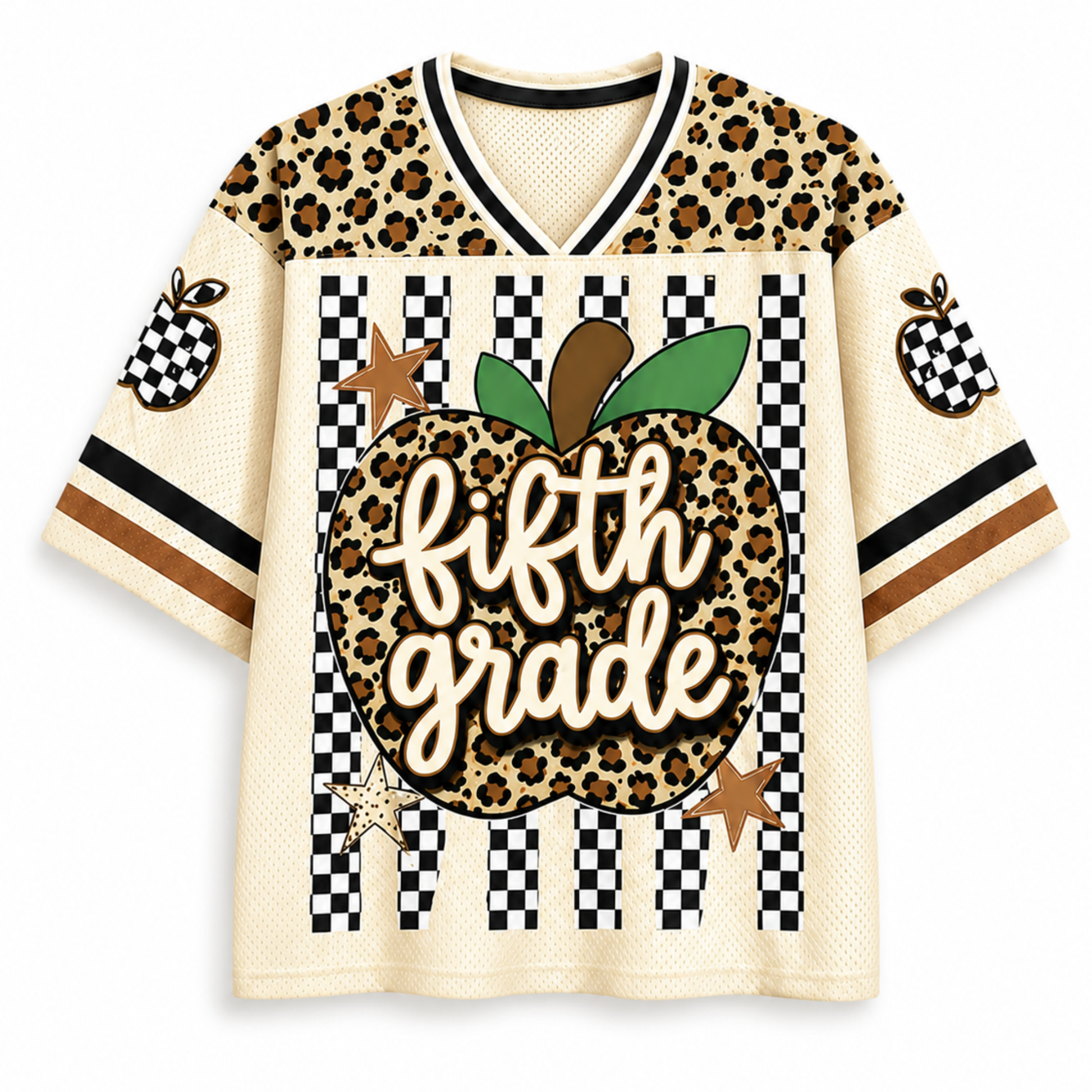 A short-sleeve mesh V-neck jersey-style shirt with a leopard-print and black-and-white checkerboard design. The front features a large apple graphic with the words 'fifth grade' in white script, green leaves, and brown stars.