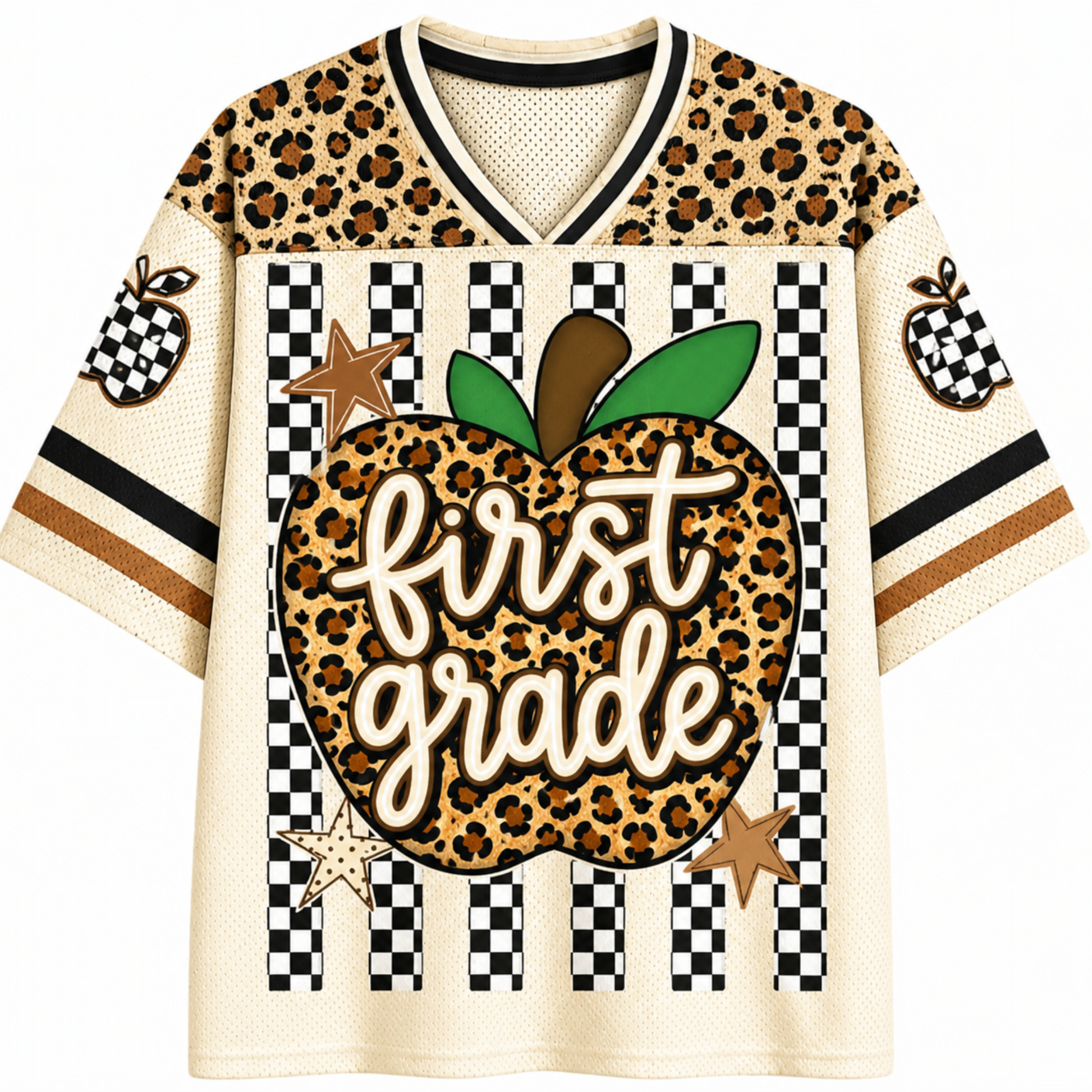 A short-sleeve V-neck t-shirt with a school-themed graphic. The shirt features a leopard print pattern on the shoulders and sleeves, a black and white checkered stripe design on the front, and a large central graphic of a leopard print apple with the words 'first grade' written in white script.