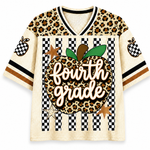 A short-sleeve V-neck jersey-style shirt with a cream mesh base, leopard-print shoulder panels, black-and-white checkered sleeve and front panel details, and a large central apple graphic reading 'fourth grade' in script over a leopard print background.
