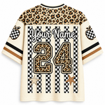 Customizable short-sleeve jersey shirt with a leopard print and checkered design. Features a leopard print yoke, striped sleeves with apple graphics, and a large customizable number 24 on the back.