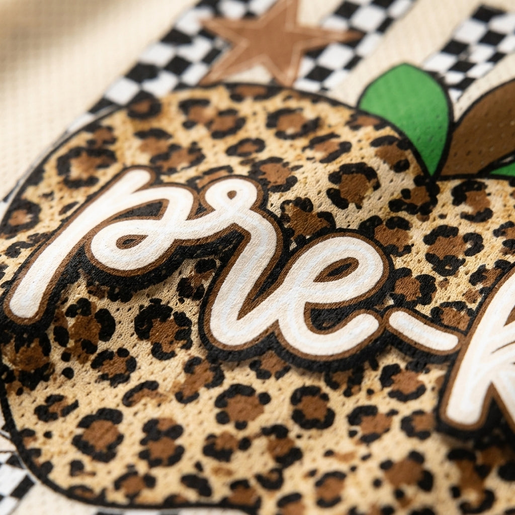Close-up of a leopard-print patch with the word 'pre-k' in white script, featuring a green leaf detail and a black-and-white checkered background.