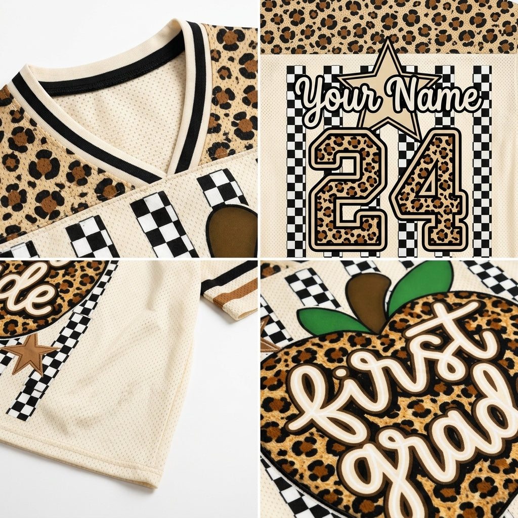 A collage showing a custom leopard-print and cream mesh sports jersey. The top-left panel shows the shoulder and collar with black trim.