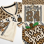 A collage showing a custom leopard-print and cream mesh sports jersey. The top-left panel shows the shoulder and collar with black trim.