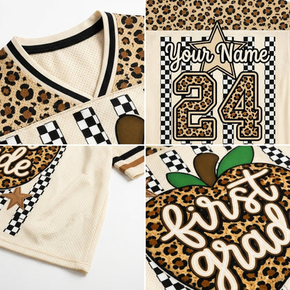 A collage showing a custom leopard-print and cream mesh sports jersey. The top-left panel shows the shoulder and collar with black trim.