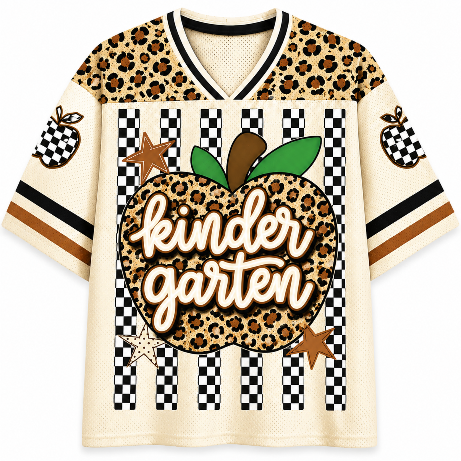 A short-sleeve V-neck jersey-style shirt with a cream mesh base, leopard-print shoulder panels, black-and-white checkered stripes, and a large central apple graphic with the words 'kinder garten' in script over a leopard print background. Decorative stars and pineapple motifs appear on the sleeves.