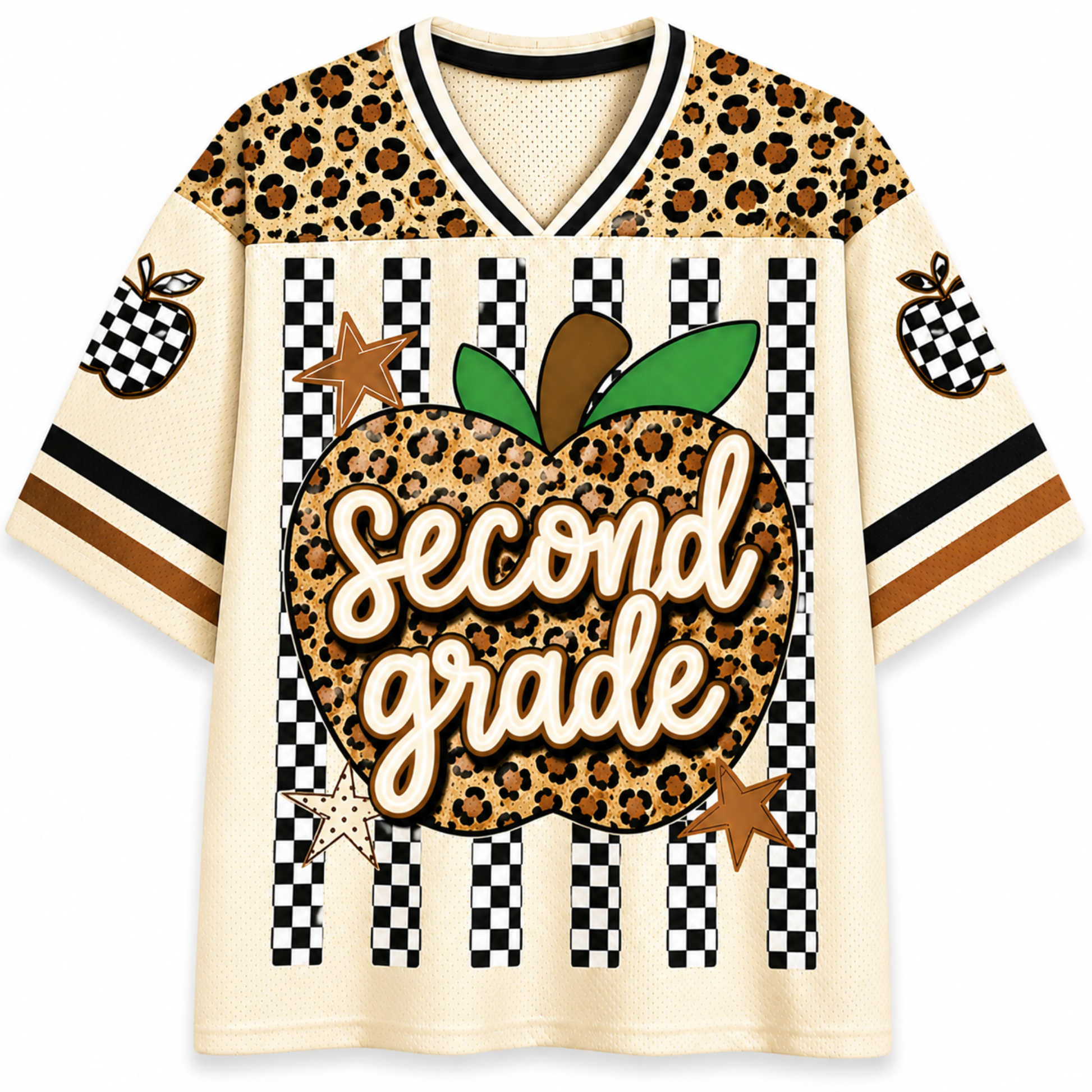 A short-sleeve V-neck t-shirt with a graphic design. The shirt features a leopard print pattern on the shoulders and sleeves, black and white checkered stripes on the front, and a large central apple graphic filled with leopard print and the words 'Second grade' in white script.