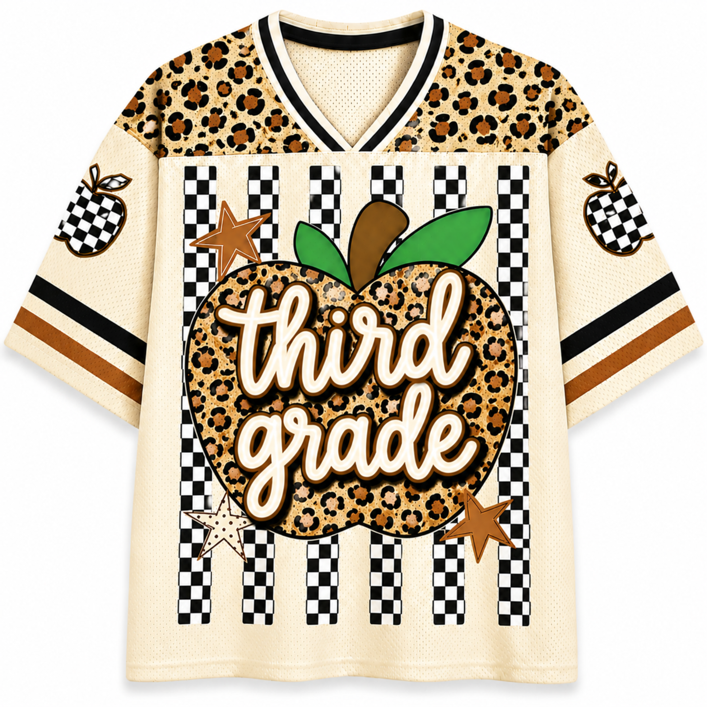 A short-sleeve V-neck jersey-style shirt with a cream mesh base and a bold autumn-themed graphic. The shoulders and upper chest feature a leopard-print pattern, while the lower body has black-and-white checkered stripes.