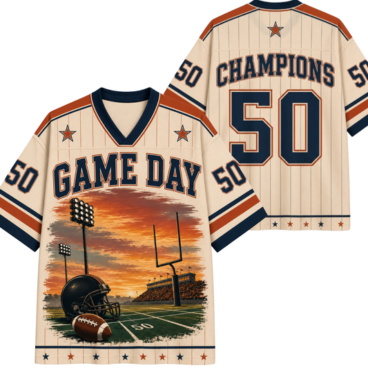 ChaoticClub Stripes Coastal Football Mom Sunset Mesh Jersey front and back view featuring a sunset beach graphic, athletic sleeve stripes, and custom name 