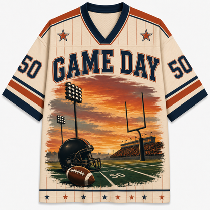 ChaoticClub sunset football mom sports jersey back view highlighting customizable YOUR NAME text and a large varsity-style number for game day.