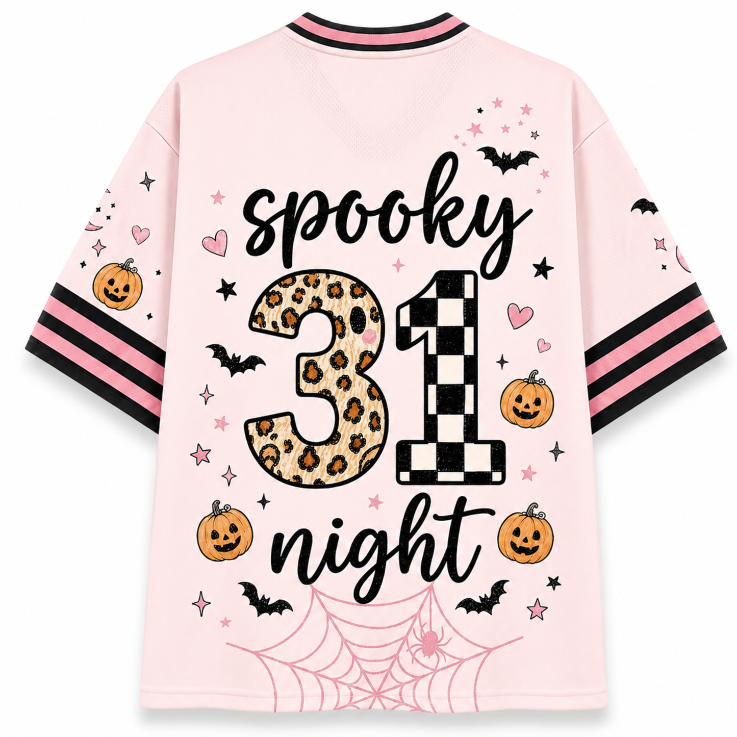 A light pink short-sleeve t-shirt with a 'spooky 31 night' Halloween graphic on the back, featuring leopard print, checkered numbers, pumpkins, bats, and a spiderweb design.