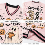 A four-panel product detail collage showing a light pink Halloween-themed jersey or sweatshirt. Panels include the full collar and V-neck detail, the back with a large leopard-print number 3 and 'spooky' script, a front ghost and pumpkin print detail, and a hem and cuff detail with black and pink striped trim.