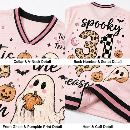 A four-panel product detail collage showing a light pink Halloween-themed jersey or sweatshirt. Panels include the full collar and V-neck detail, the back with a large leopard-print number 3 and 'spooky' script, a front ghost and pumpkin print detail, and a hem and cuff detail with black and pink striped trim.