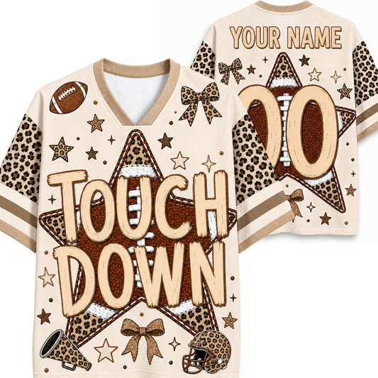 A custom football-themed v-neck jersey shown from both front and back. The jersey has a beige base with brown leopard print sleeves, a large brown star graphic, leopard print accents, and customizable text reading 'TOUCH DOWN' on the front and 'YOUR NAME 00' on the back.