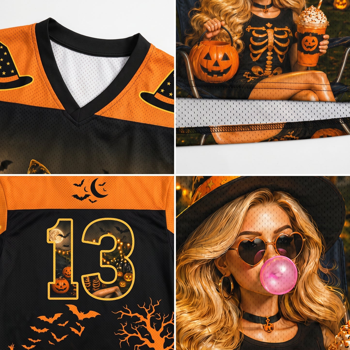 Detail collage of ChaoticClub witch doll face jersey showcasing the athletic black V-neck collar, mesh fabric texture, sleeve stripe design, and close up bubblegum print.