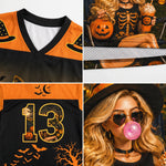 Detail collage of ChaoticClub witch doll face jersey showcasing the athletic black V-neck collar, mesh fabric texture, sleeve stripe design, and close up bubblegum print.