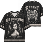 A black short-sleeve V-neck graphic T-shirt shown from both front and back on a plain white background. The shirt features white gothic-style text reading 'NOT TODAY SATAN' on the front, a large illustrated woman's portrait with 'Y'all need Jesus.