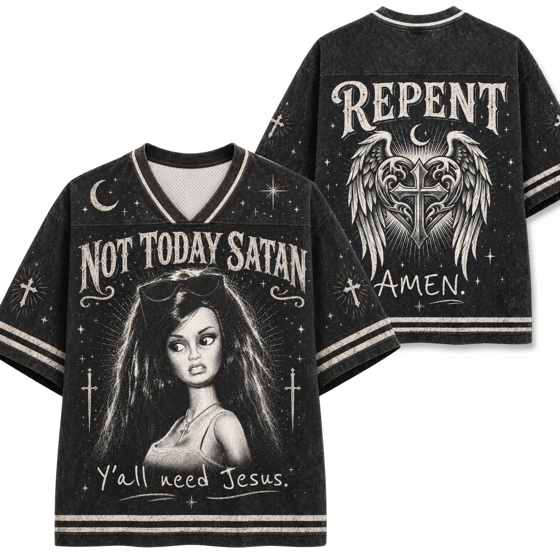 A black short-sleeve V-neck graphic T-shirt shown from both front and back on a plain white background. The shirt features white gothic-style text reading 'NOT TODAY SATAN' on the front, a large illustrated woman's portrait with 'Y'all need Jesus.