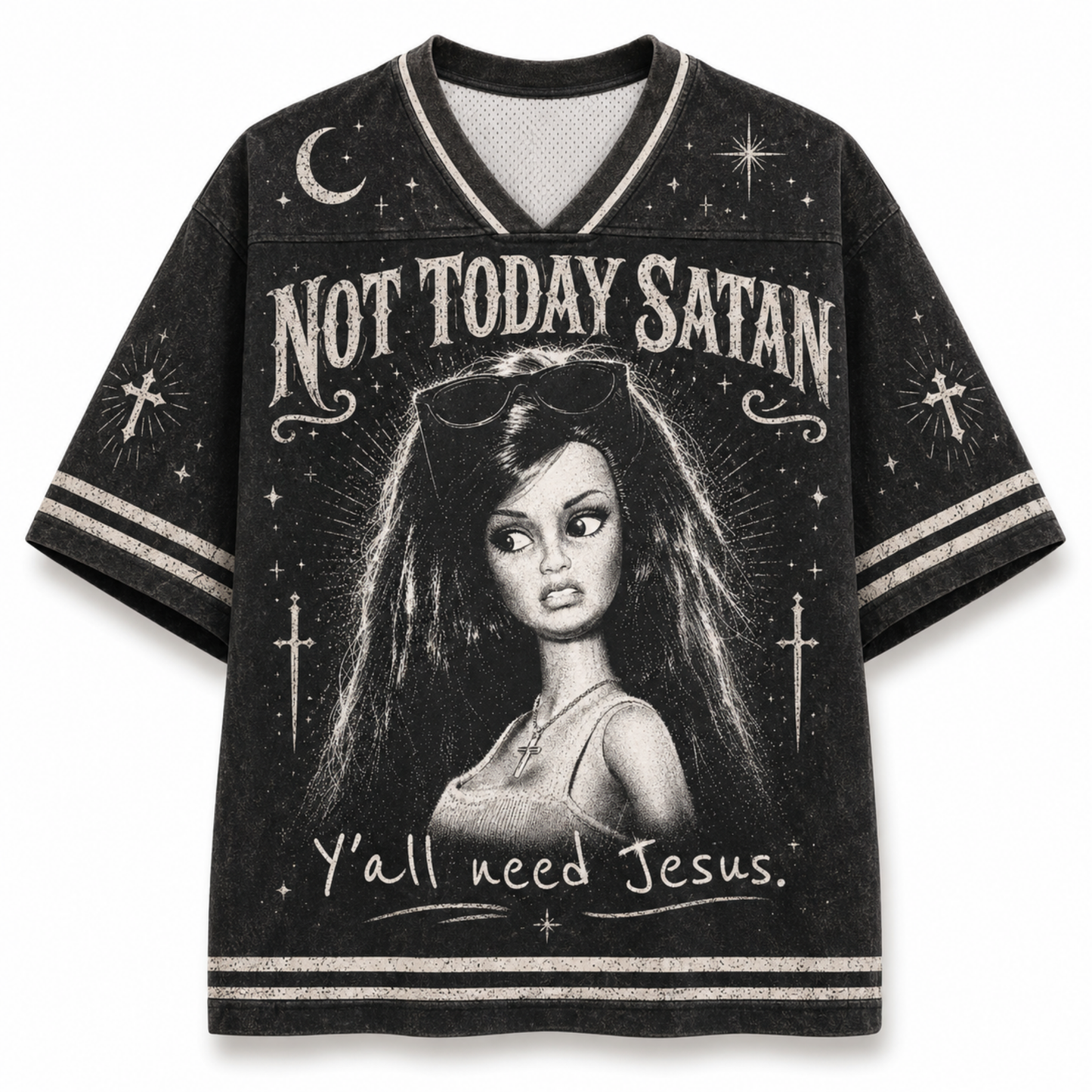 A black short-sleeve V-neck graphic t-shirt featuring a gothic illustration of a doll with the text 'NOT TODAY SATAN' and 'Y'all need Jesus.' on a white background.