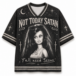 A black short-sleeve V-neck graphic t-shirt featuring a gothic illustration of a doll with the text 'NOT TODAY SATAN' and 'Y'all need Jesus.' on a white background.