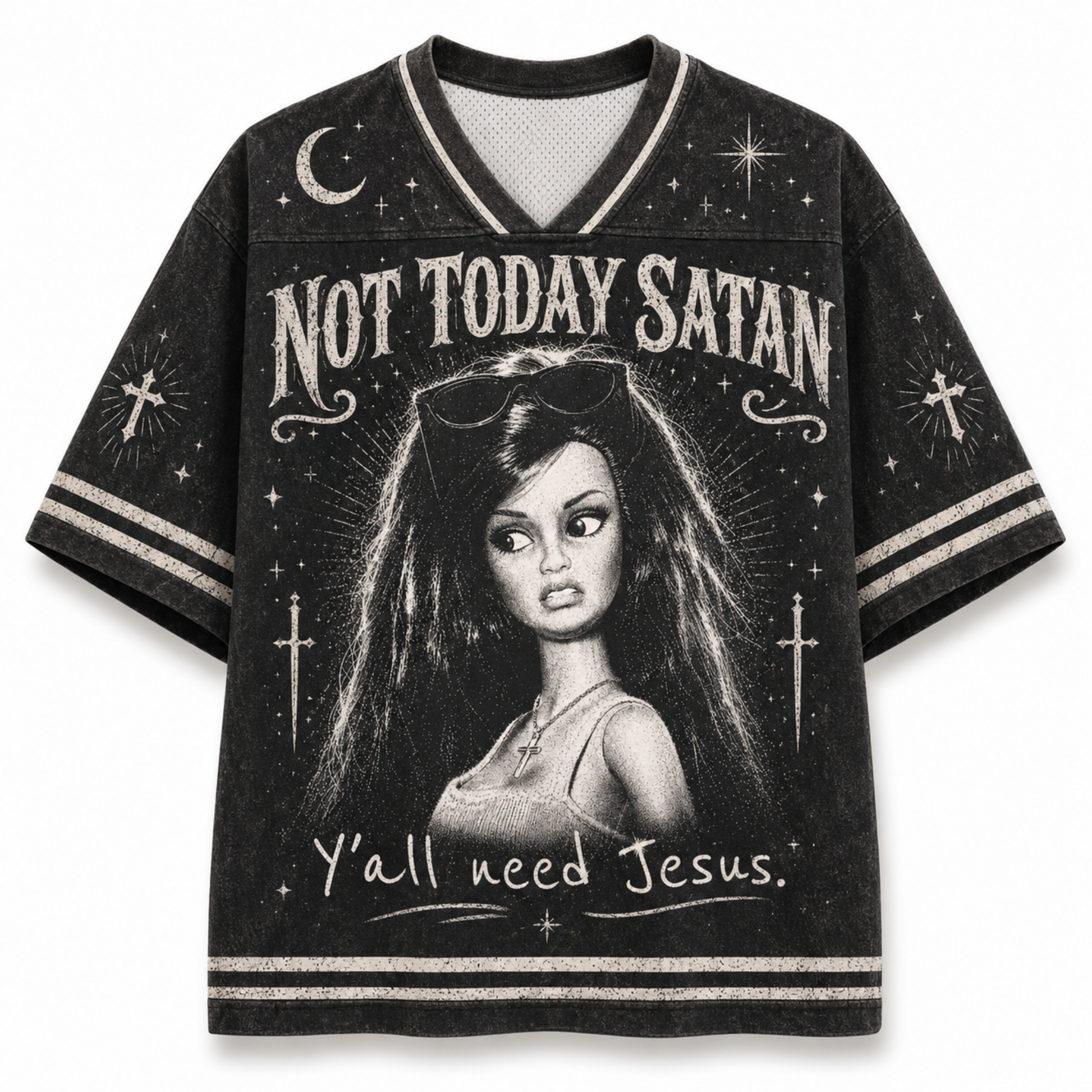 A black short-sleeve V-neck graphic t-shirt featuring a gothic illustration of a doll with the text 'NOT TODAY SATAN' and 'Y'all need Jesus.' on a white background.