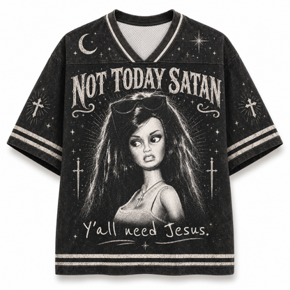 A black short-sleeve V-neck graphic t-shirt featuring a gothic illustration of a doll with the text 'NOT TODAY SATAN' and 'Y'all need Jesus.' on a white background.