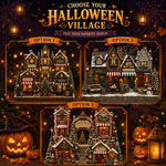 A Halloween-themed promotional graphic showing three decorated village house options labeled Option 1, Option 2, and Option 3 under the heading 'Choose Your Halloween Village.' The scene includes glowing lanterns, pumpkins, cobwebs, and warm lights, with the houses depicted as the products being sold.