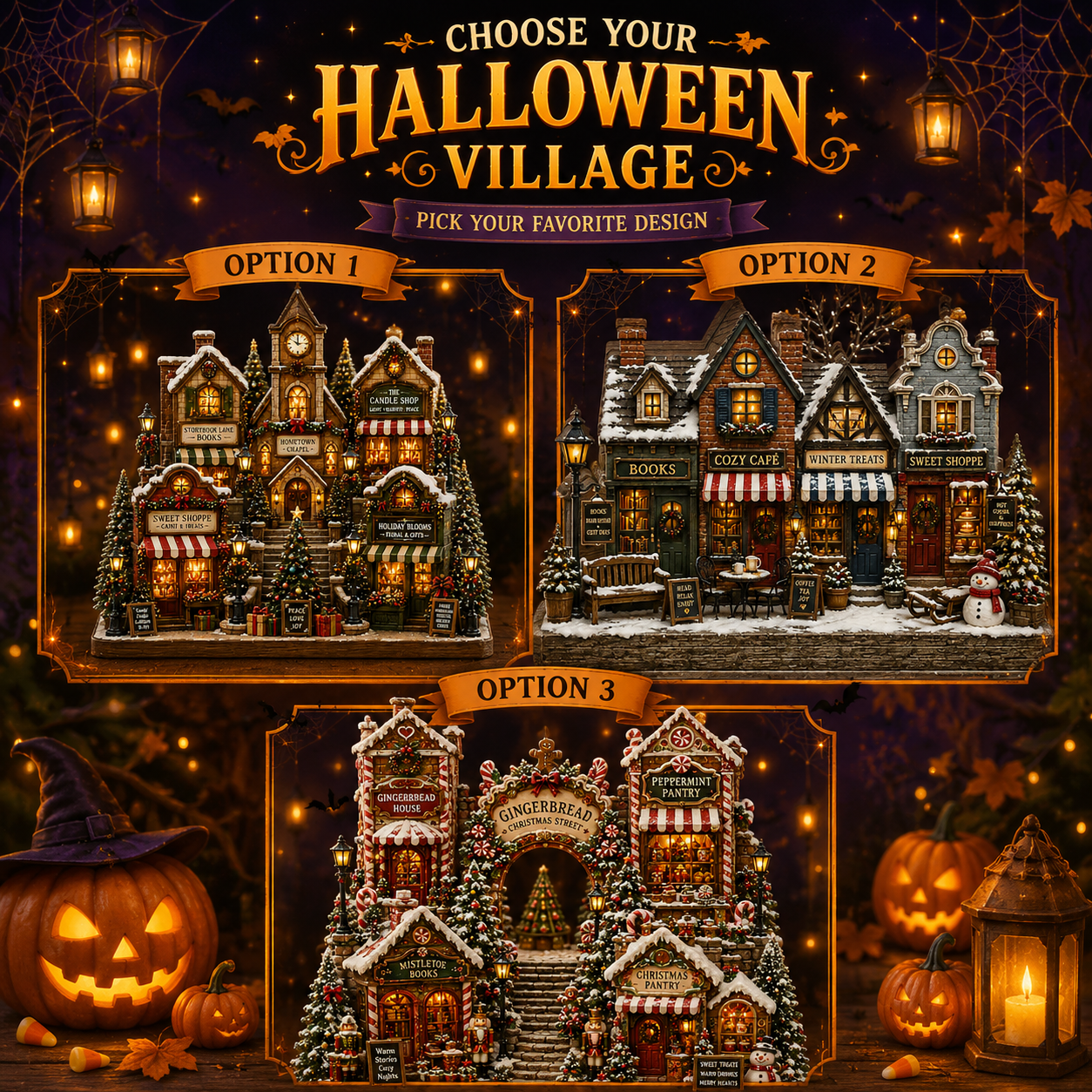 A Halloween-themed promotional graphic showing three decorated village house options labeled Option 1, Option 2, and Option 3 under the heading 'Choose Your Halloween Village.' The scene includes glowing lanterns, pumpkins, cobwebs, and warm lights, with the houses depicted as the products being sold.