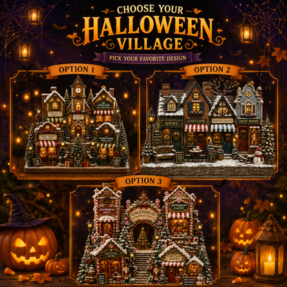A Halloween-themed promotional graphic showing three decorated village house options labeled Option 1, Option 2, and Option 3 under the heading 'Choose Your Halloween Village.' The scene includes glowing lanterns, pumpkins, cobwebs, and warm lights, with the houses depicted as the products being sold.