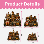 Product details graphic showing four sizes of a Christmas village miniature building set with dimension arrows and labels from 4 in to 8 in on a light gray background with a pink header reading Product Details.