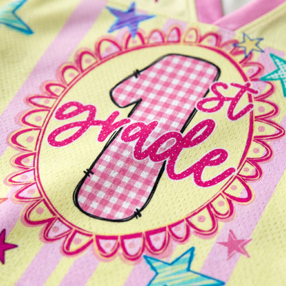 ChaoticClub mesh jersey close up showing breathable Bird’s Eye Pique fabric with green gingham stripes and high-quality print of school graphics